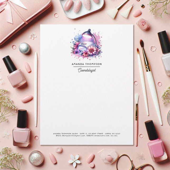 Papel Timbrado Salão de Unhas Aquarela Chic (Chic Watercolor Nail Salon Letterhead)