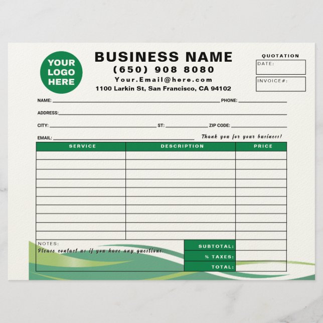Papel Timbrado Sales Receipt Quotation Invoice Service Form (Frente)