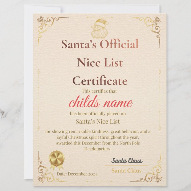 Papel Timbrado Santa’s Nice List Certificate   (Frente)