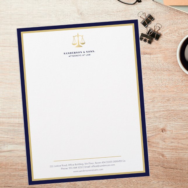 Papel Timbrado Scales of justice elegant attorney gold logo navy (Criador carregado)