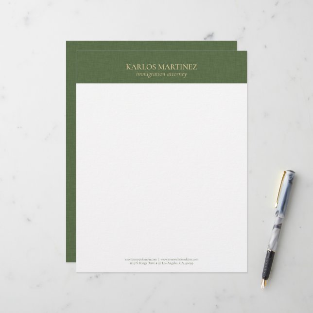 Papel Timbrado Simple Forest Green Linen Gold Typography (Frente/Verso In Situ)