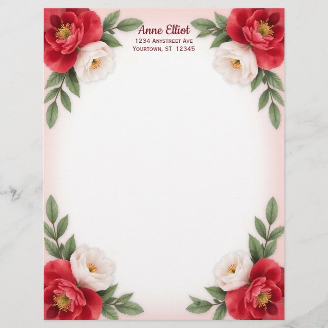 Papel Timbrado Sweet Red and White Flowers Stationery Paper (Frente)