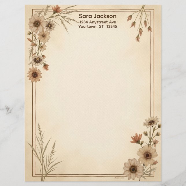 Papel Timbrado Tan and Brown Flowers and Grass Stationery Paper (Frente)