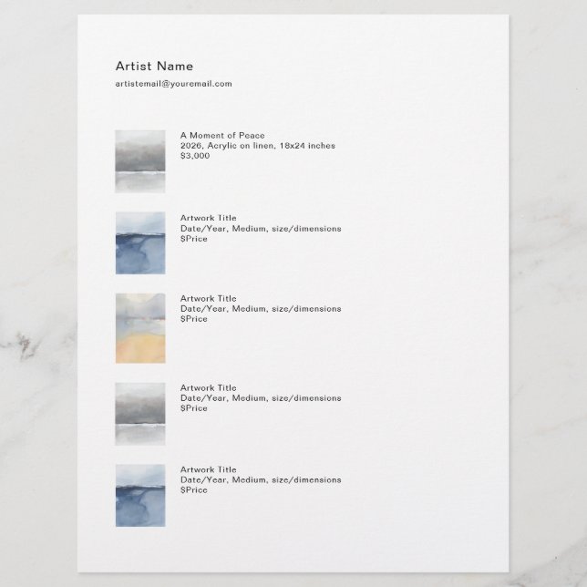 Papel Timbrado Tear Sheet Price List Template for Art (Frente)