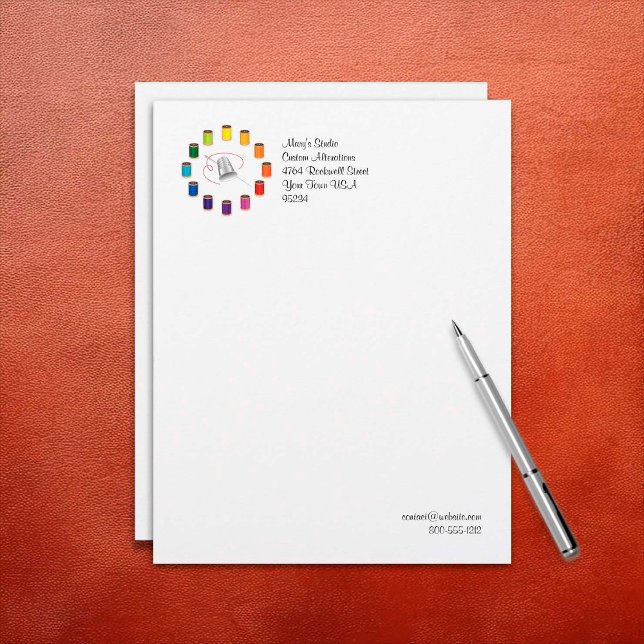 Papel Timbrado Threads, Agulhas e fios de costura (Sewing Thimble, Needle and Threads Letterhead. Customize your text. )