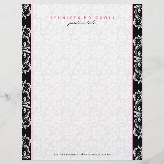 Papel Timbrado Toque Branco Preto De Damascos Florais Rosa (Frente)