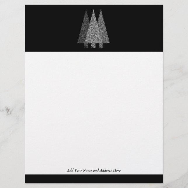 Papel Timbrado Três árvores de Natal nevado. Branco preto (Frente)