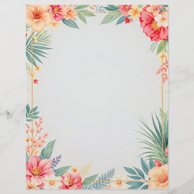 Papel Timbrado Tropical Floral on Blue Stationery Paper (Frente)