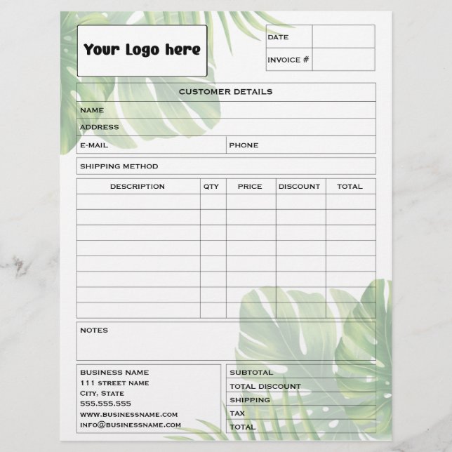 Papel Timbrado Tropical Leaf Invoice Business Sales Form Receipt (Frente)