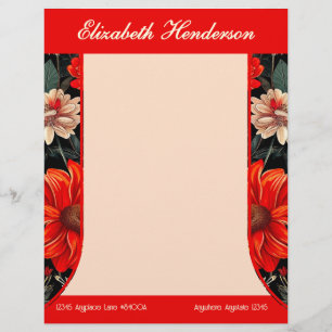 Papel Timbrado Vermelho e creme - Cabeça Floral Escura