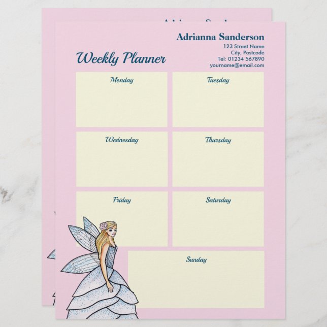 Papel Timbrado Watercolor Fairy Princess Fashion Weekly Planner (Frente/Verso)