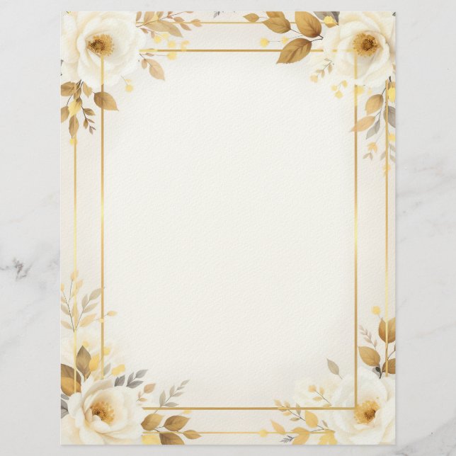 Papel Timbrado White and Gold Flowers and Double Frame Stationery (Frente)