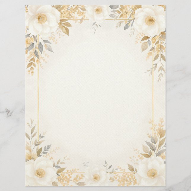 Papel Timbrado White Flowers with Gold Accents Stationery Paper (Frente)