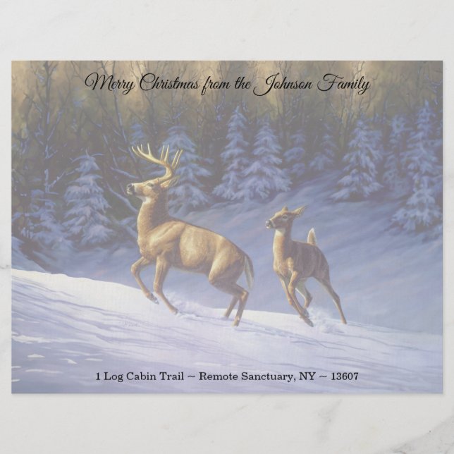 Papel Timbrado Whitetail Deer Buck & Doe na Neve de inverno (Frente)