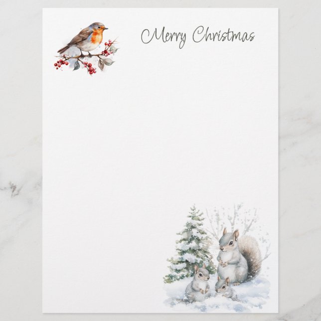Papel Timbrado Winter Red Robin Squirrel Christmas  Letterhead (Frente)