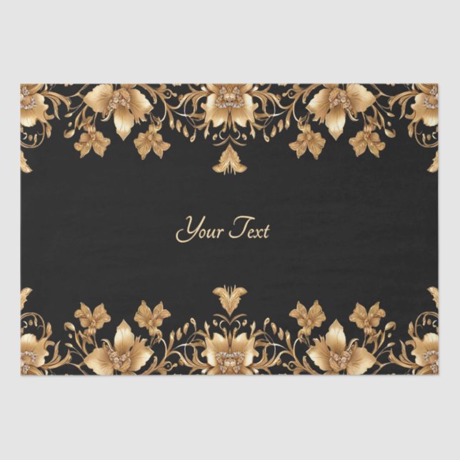 Papel Tissue Floral Ornatado Dourado Preto (Frente )