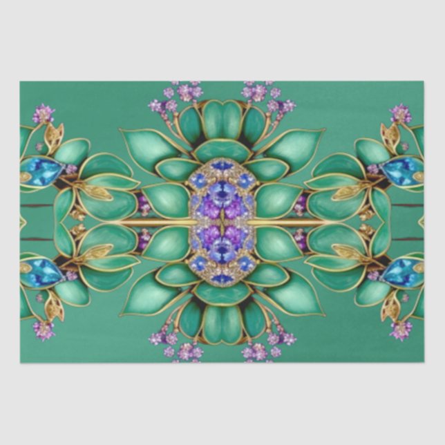 Papel Tissues Folhas Verdes Pedras Preciosas Roxas (Frente )