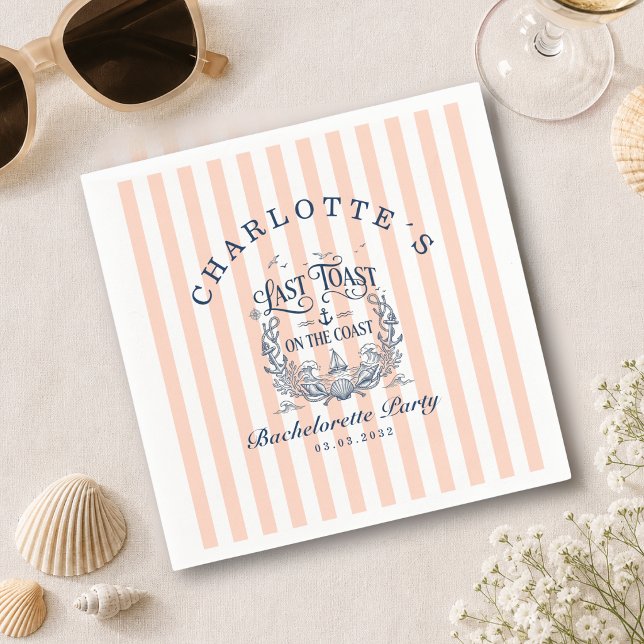 Papel Último brinde na costa! Guardanapo de despedida de (Last Toast on the Coast! Bachelorette Party Peach Blush Stripes Napkin)