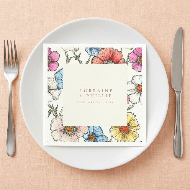 Papel Vibrante guardanapo de casamento de flores silvest (Vibrant summer wild flowers wedding napkin.)