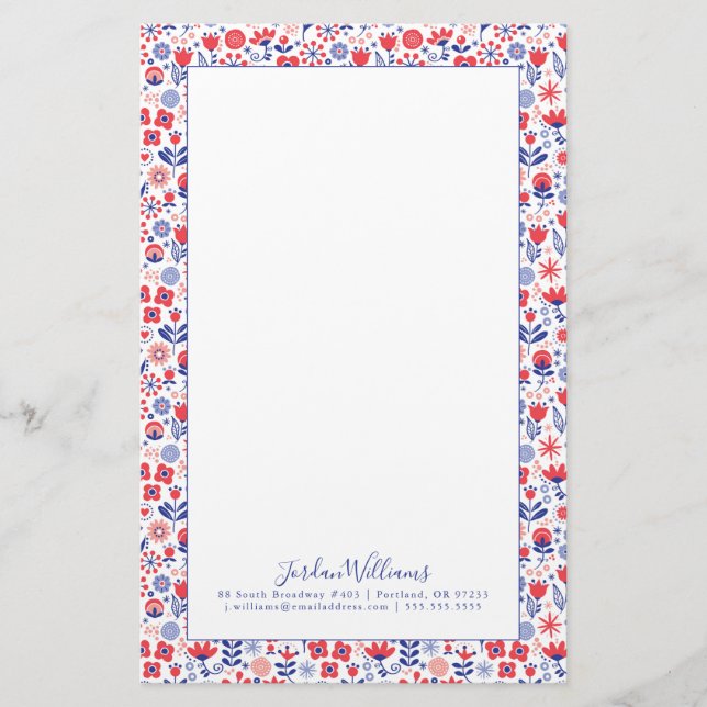 Papelaria Adicione seu teste padrão floral azul & coral (Frente)