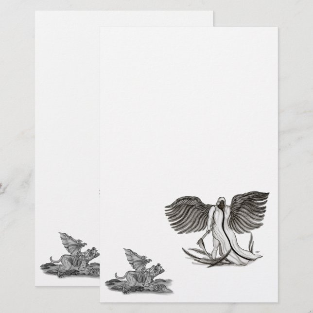 Papelaria Angel Uriel com Golem, design preto e branco (Frente/Verso)