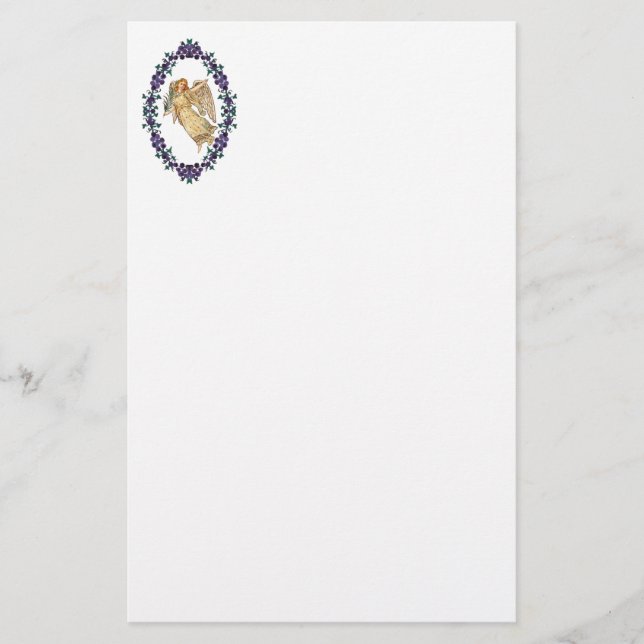 Papelaria Anjo com decorações roxas (Frente)