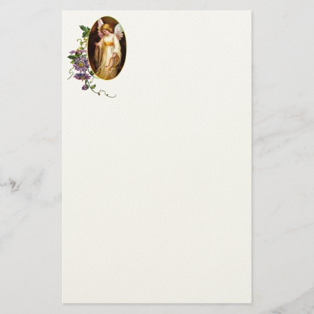 Papelaria Anjo Com Harpa E Flores De Clematite (Frente)