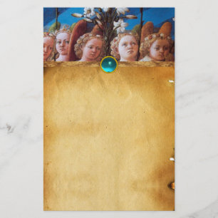 Papelaria ANJOS COM safira do azul do pergaminho dos LÍRIOS