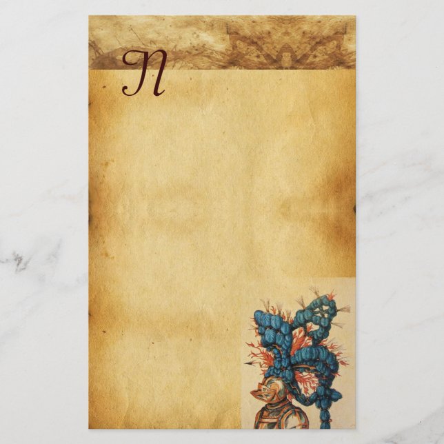 PAPELARIA ANTIQUE KNIGHT HELMET COM PENAS AZUIS VERMELHAS (Frente)