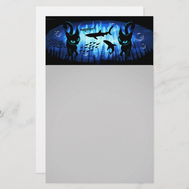 Papelaria Aquático - Gato Surreal na Fantasia do Oceano Prof (Frente/Verso)