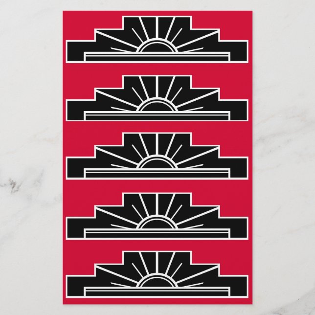 Papelaria Art Deco Motif em B&W e papel de carta vermelho (Frente)