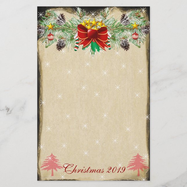 Papelaria Árvore de Natal Vermelha Estrelas Luzes de Terra (Frente)