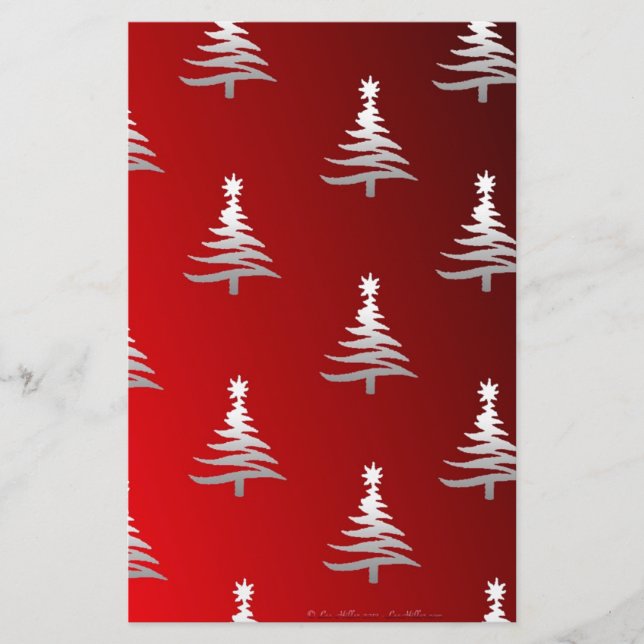Papelaria Árvores de Natal Prata no Vermelho (Frente)