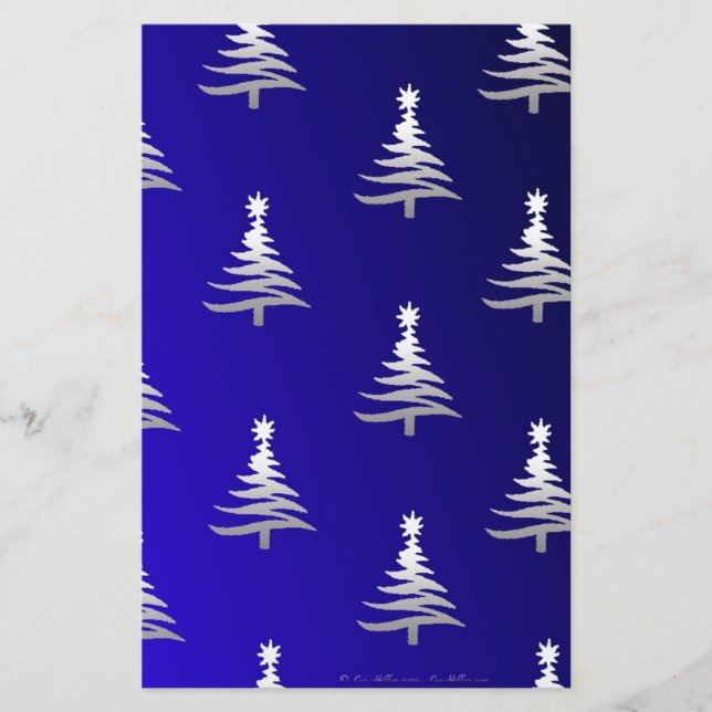 Papelaria Árvores de Natal Prateadas em Azul Cobalto (Frente)