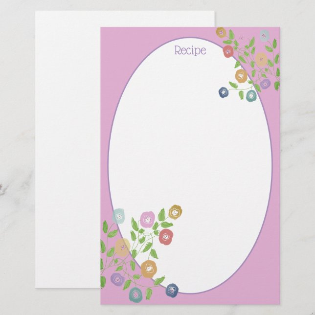 Papelaria Azul Cor-De-Rosa E Floral Púrpura Acentos (Frente/Verso)