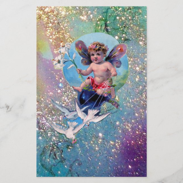 Papelaria BABY FAIRY COM DOVAS EM ESPUKLES, azul, ouro (Frente)