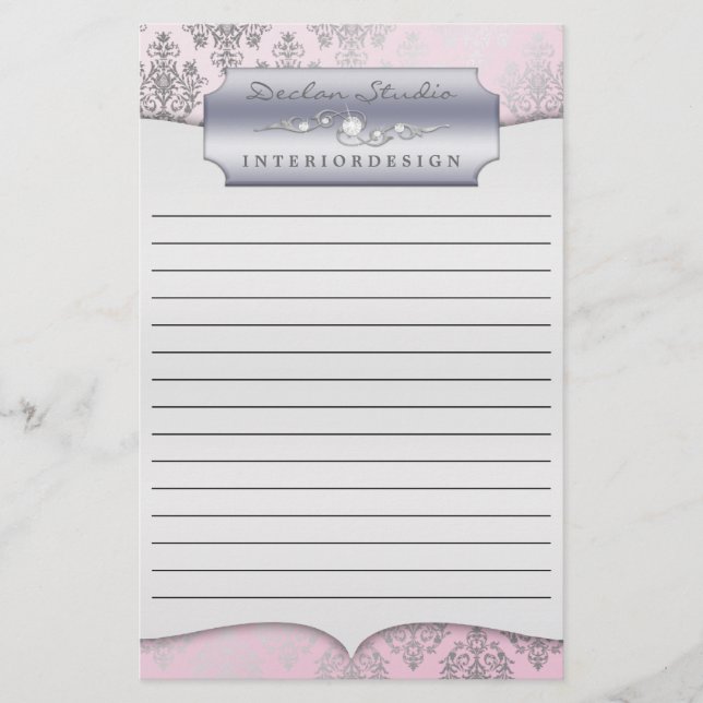 Papelaria Baby Pink Dashing Damask Lined Business Papel de c (Frente)