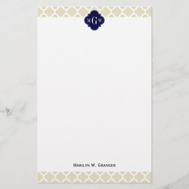 Papelaria Beige, White Moroccan #5 Navy 3 Initial Monogram (Frente)