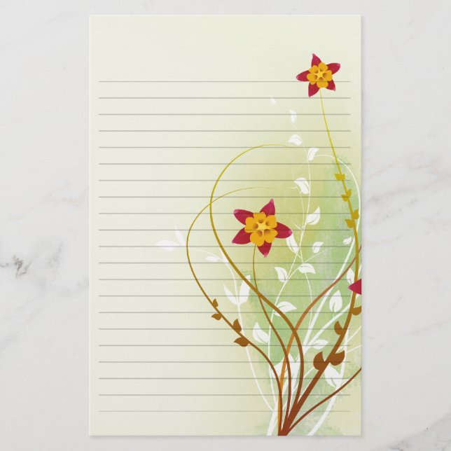 Papelaria belas flores vermelhas em papel verde macio alinha (Frente)