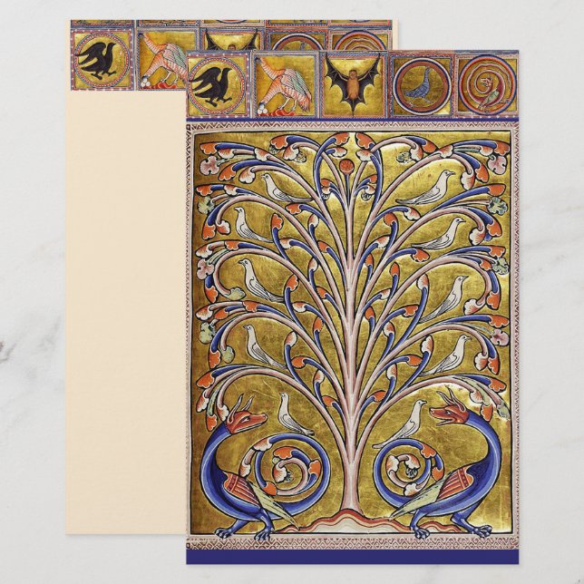 PAPELARIA BESTIÁRIO MÉDIO, AVES NA ÁRVORE DA VIDA,DRAGÕES (Frente/Verso)