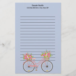 Papelaria Bicicleta Rosa Cuta Personalizada com Azul Flores
