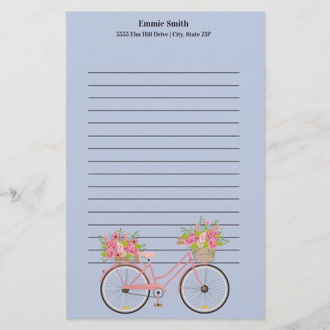 Papelaria Bicicleta Rosa Cuta Personalizada com Azul Flores (Frente)