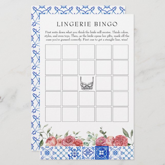 Papelaria Bingo de Lingerie de Jogo Rosa Floral do Mediterrâ (Frente/Verso)