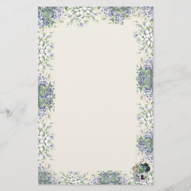 Papelaria Birdhouse-Papel de carta azul da flor (Frente)