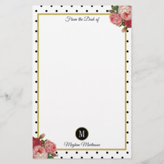 Papelaria Black White Dots Vintage Floral Monograma Nome