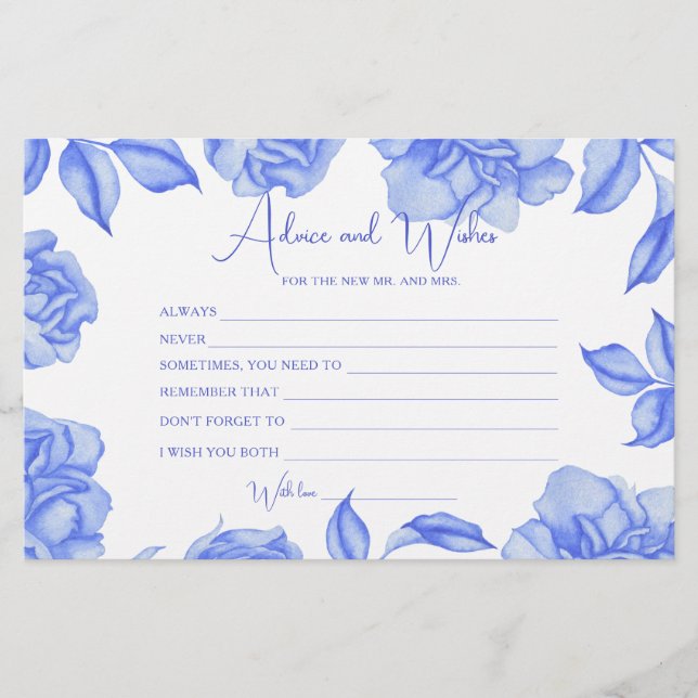 Papelaria blue Floral Bridal Shower Advice and Wishes (Frente)