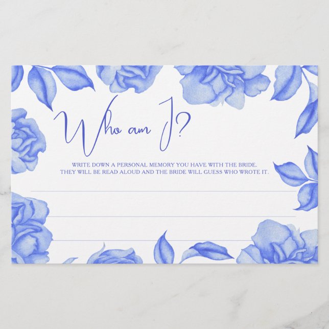 Papelaria Blue Floral Bridal shower Who am I game (Frente)