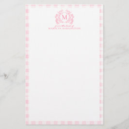 Papelaria Blush Pink Gingham Floral Crest Monogram