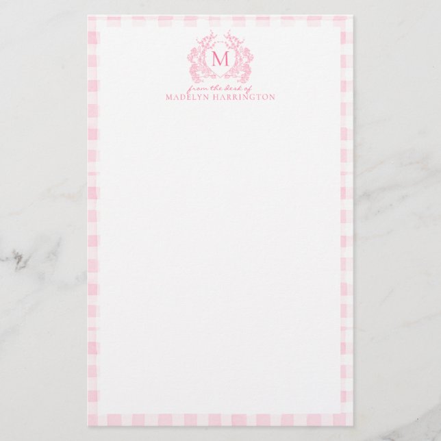 Papelaria Blush Pink Gingham Floral Crest Monogram (Frente)