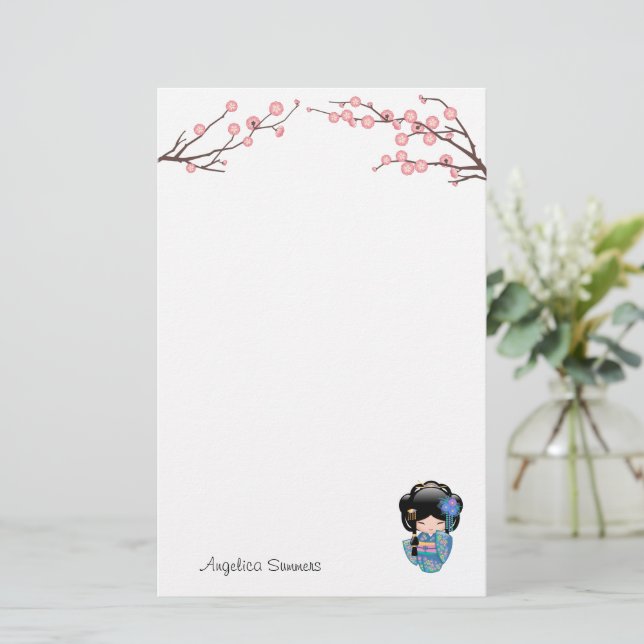 Papelaria Boneca Keiko Kokeshi - Rapariga Kimono Geisha Azul (Em pé/Frente)